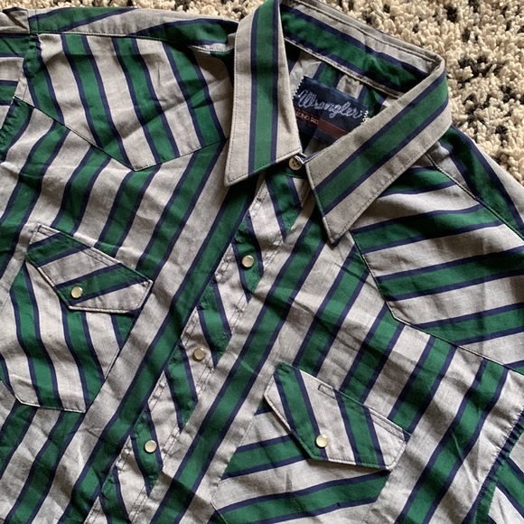 Vintage Wrangler Long Tail Mens Snap Button Western Grey Green Blue Stripe Shirt - Picture 6 of 13